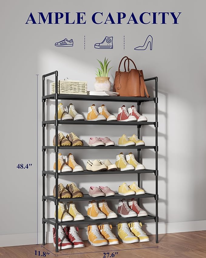 Kitsure Shoe Rack - 6-Tier Shoe Organizer, Shoe Rack for Closet, Entryway, Bedroom, Easy- Assembly Storage Shelf with Side Handles, 27.6" Wide - 6 Tiers, Black