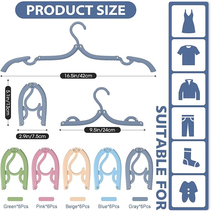 30 Pcs Travel Hangers Portable Foldable Travel Hanger Organizer, Plastic Cruise Essentials Clothes Drying Rack Folding Hangers for Camping Flying RV Europe Vacation Essentials Suitcase, Multicolor