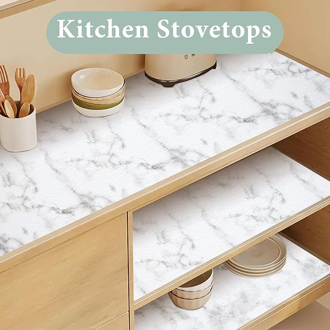 2-Layer Drawer and Shelf Liner for Kitchen Cabinet: 35.4 in X 19.69 Ft Non Slip Waterproof Shelf Paper Non Adhesive Refrigerator Liners White Marble Easy Liners for Bathroom with Knife Tape Measure