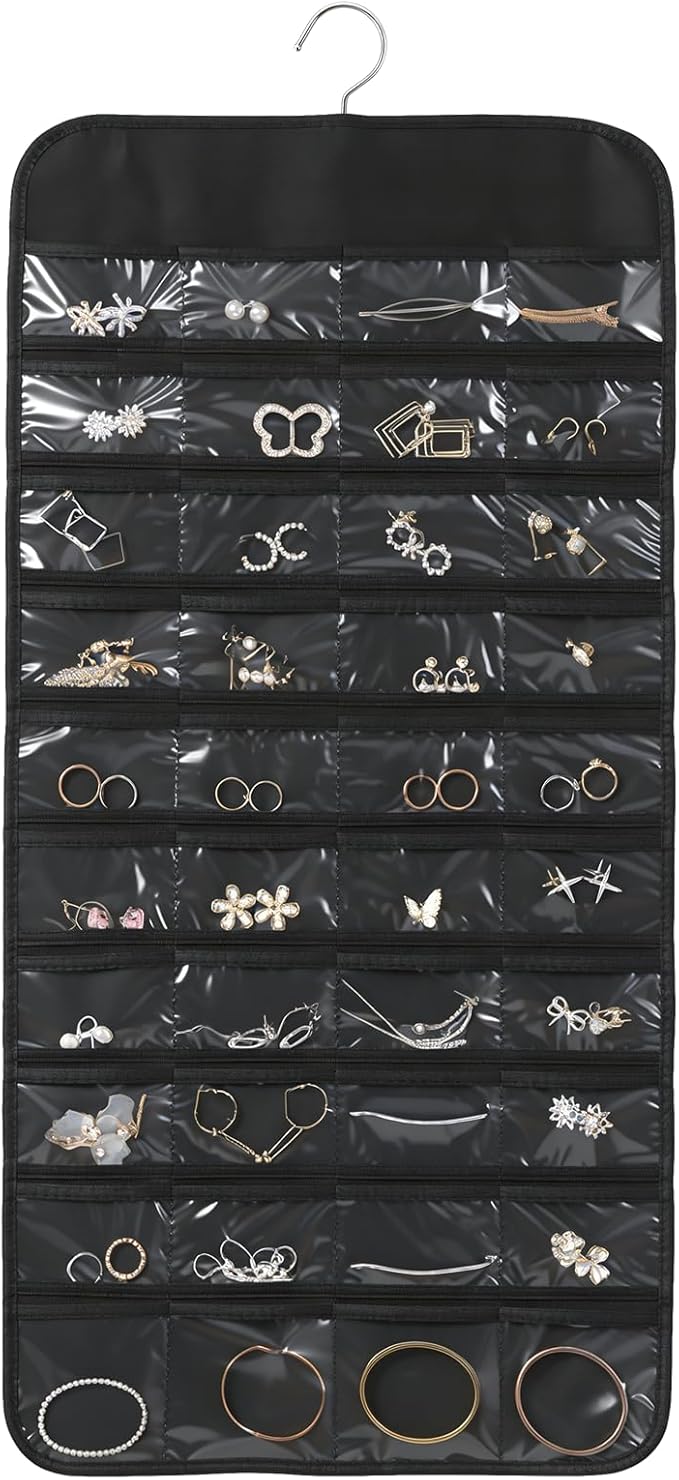Black Hanging Jewelry Organizer, 80 Clear Pockets Double-Sided Jewelry Holder, Wall Door Closet Hanging Storage for Earrings Necklaces Rings, Suitable Gift for Women