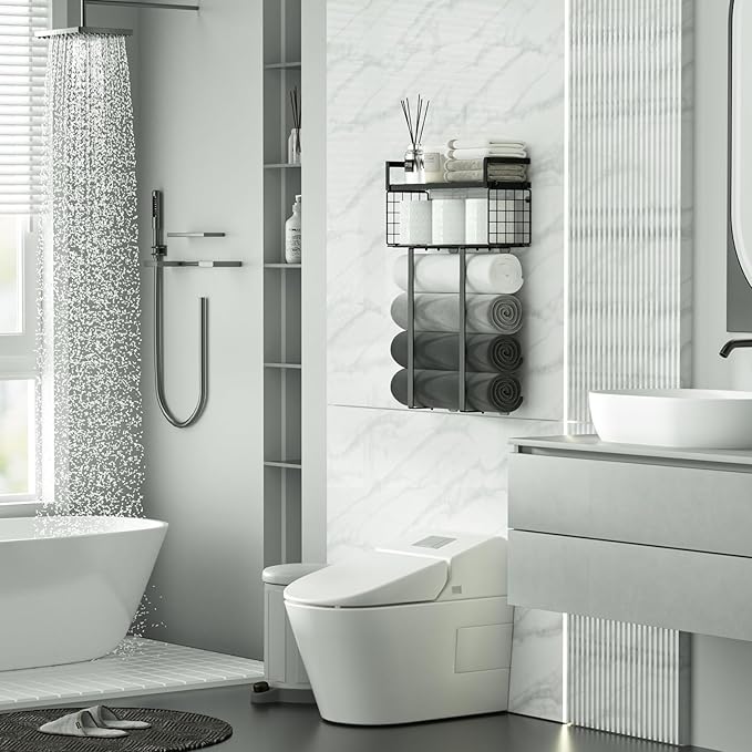 Towel Racks for Bathroom, Metal Towel Holder with Storage Basket,Wall Towel Rack for Rolled Towels, Towel Storage for Small Bathroom,Black
