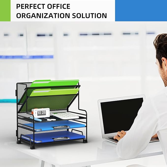 4-Tier Paper Organizer + 3-Pocket File Holder, Desktop File Organizers Paper Tray for Office School Classroom Workspace Organization (Black Desk Organizer, No Drawer & No Pen Holder)