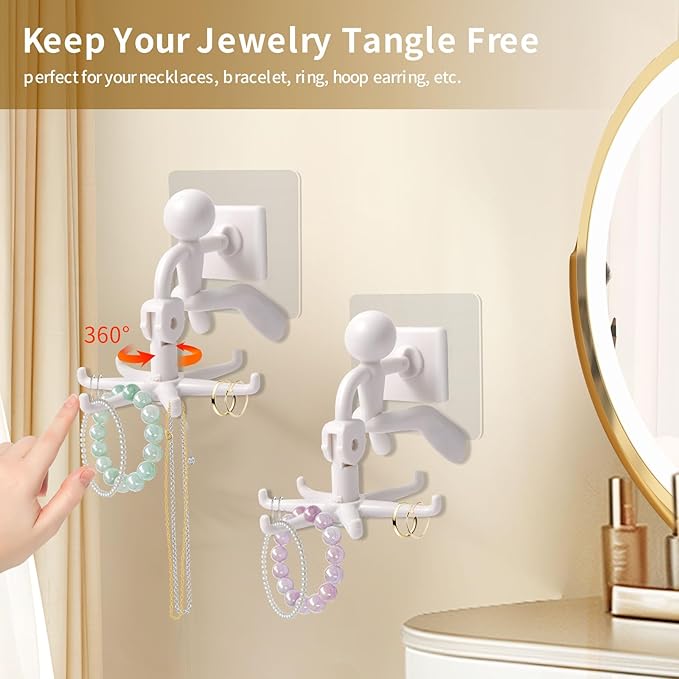2 PCS 360°Rotating Hanging Jewelry Organizer for Storage Necklace, Bracelets, Watches, Rings, Self-Adhesive Necklace Holder Organizer for Wall, Closet and Door, Bathroom, White