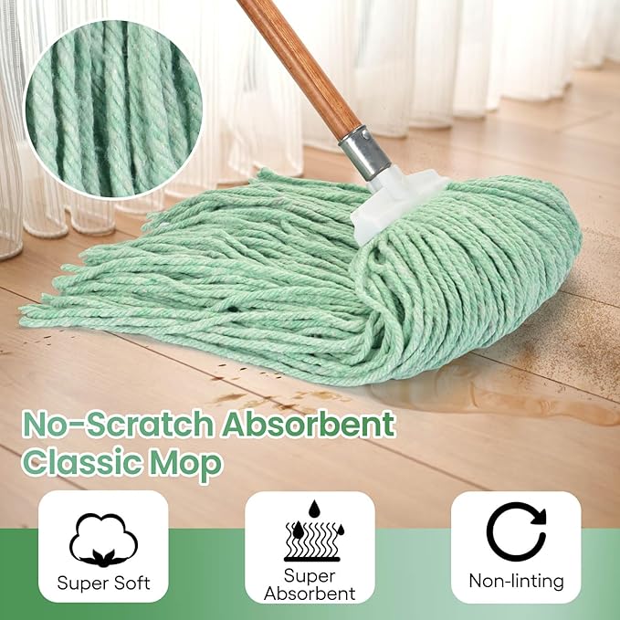 Matthew Cleaning Screw-on Heavy Duty Cotton Wet Mop Replacement Heads(Green, Large,3Pack) with 2 Pack Microfiber Cloth for Residential & Commercial Floor Cleaning Use- Fit Standard American Screw