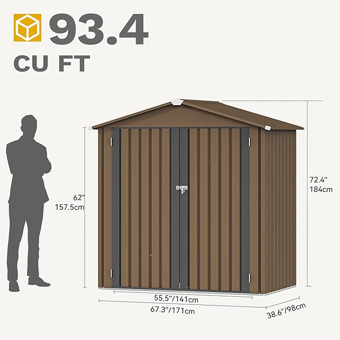 DWVO 6x4ft Tool Storage Shed, Lockable Doors, and Sloped Roof, Steel Outdoor Storage Shed for Garden, Patio, Garage, Backyard, Lawn - Brown