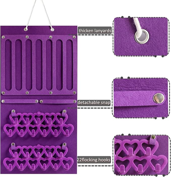 Storage Holder Display Board Felt Wall Hanging Jewelry Organizer with Detachable hooks Headband Holder for Girls Hair Clips Hair Ties Earrings Necklace Home Decor Purple