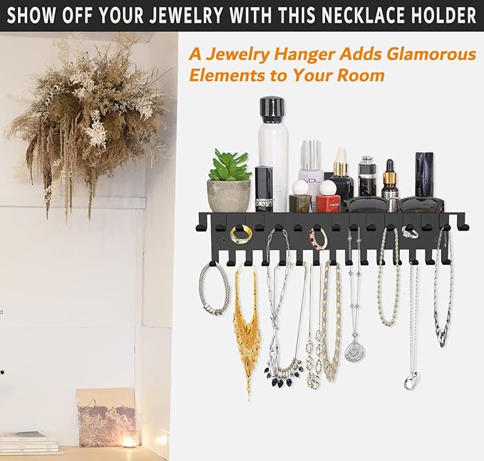Necklaces and Bracelets Holders Wall Mounted Black Metal Jewelry Display Hanging Shelf with 30 Hooks Necklace Hanger Wall Shelf with Jewelry Hooks Rack Accessories Organizer for Women Girl Kids