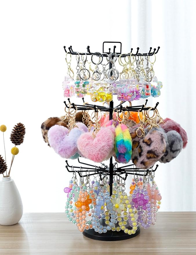MyGift 3 Tier Classic Large Black Metal Jewelry Tree Holder Organizer with 360 Degree Rotating Arms, Spinning Necklace and Bracelet Tower Display Stand with 36 Hooks and Top Card Holder For storage