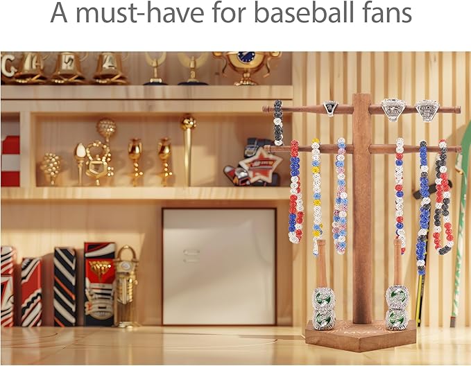 NEW Wooden Baseball & Softball Championship Ring Holder with Drip Necklace Display – Sports Organizer Baseball Gifts for Jewelry & Awards(MVP)