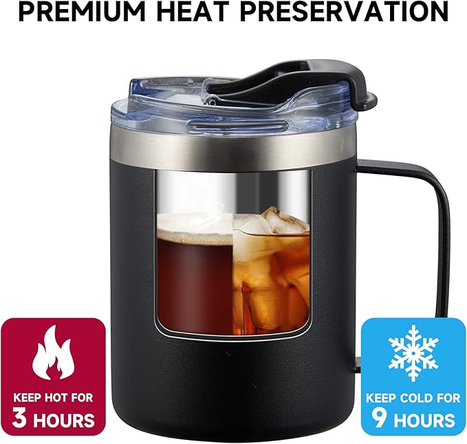 ALOUFEA 12 oz Insulated Coffee Mug Cup with Handle, Stainless Steel Travel Coffee Mug with Flip Lid, Double Wall Vacuum Coffee Tumbler, Meadow