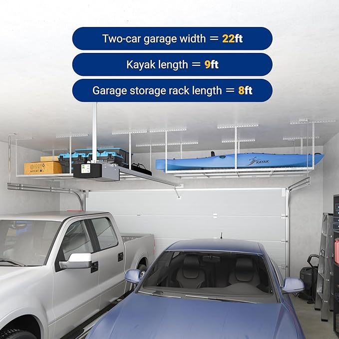 FLEXIMOUNTS 4x8 Overhead Garage Storage Rack, Adjustable Organization System, Heavy-Duty Metal Ceiling Racks, 750lbs Weight Capacity, White, Classic Series