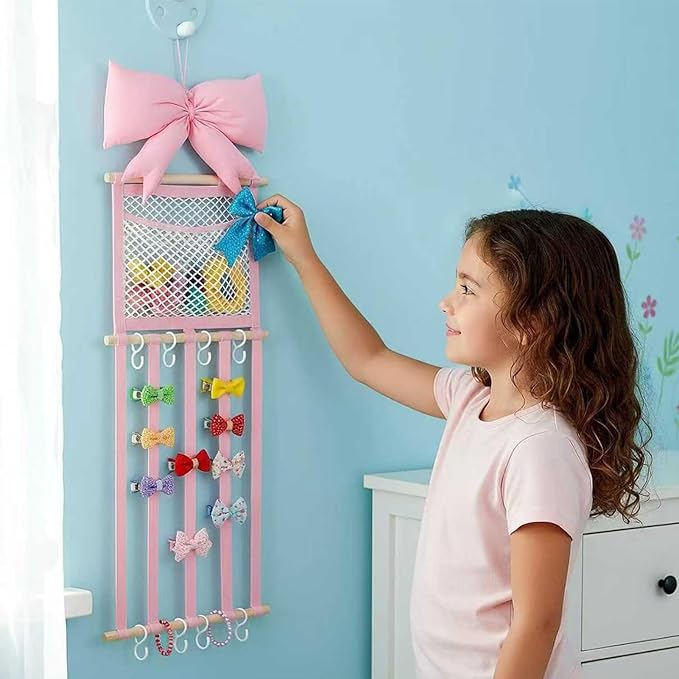 Hair Clip Holder Organizer - with Hooks Pink Bow Wall Storage,Hair Accessory Organizer Room Decor,for Women Teen Girls Door Closet Bedroom Living Room Home Decor Apartment