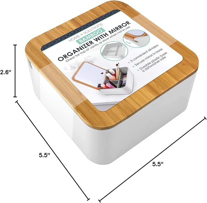 Ginsey Home+Solutions Bamboo Organizer with Mirror - Stackable, Multi-Use Storage, Cosmetic and Jewelry Organizer