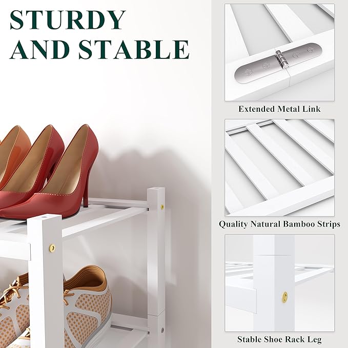Smiry Shoe Rack, 3 Tier Small Bamboo Shoe Organizer, Stackable Free Standing Wooden Shoe Storage Shelf for Closet, Entryway, Front Door Entrance, White