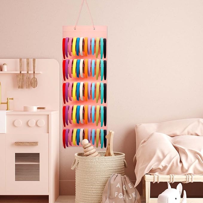 Tudomro Hanging Headband Holder for Girls Felt Hair Accessories Organizer with 60 Elastic Bands Bow Hanger for Girls Hair Bows Without Headbands(Plain Style,Pink)