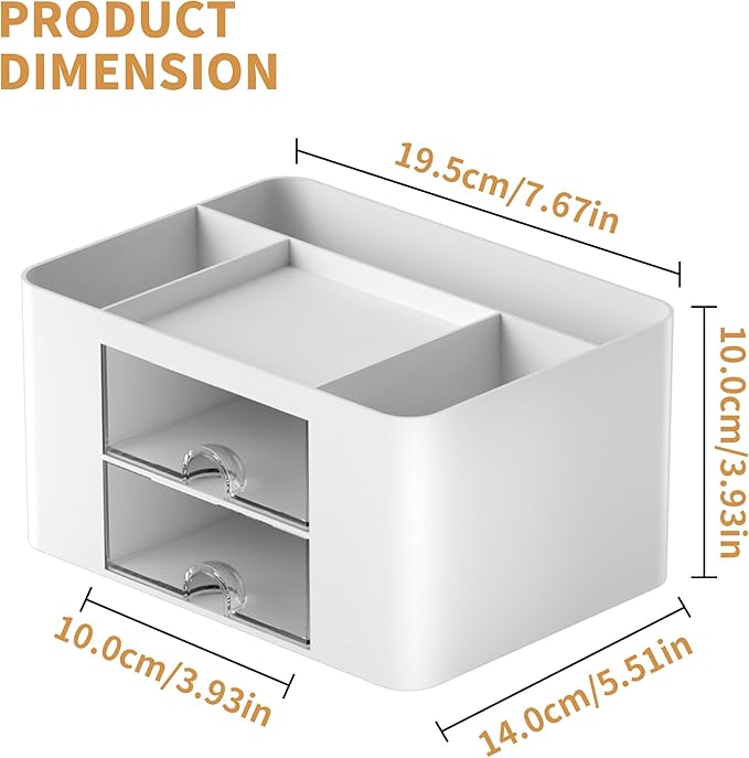 Marbrasse Pen Organizer with 2 Drawer, Multi-Functional Pencil Holder for Desk, Desk Organizers and Accessories with 5 Compartments + Drawer for Office Art Supplies (White)