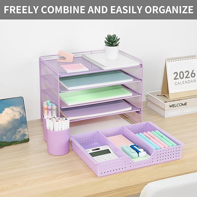 Desk Organizers and Accessories, 5-Tier Paper Letter Tray Organizer with Drawer & 2 Pen Holders, Desktop Organizer for Office Supplies (Purple)