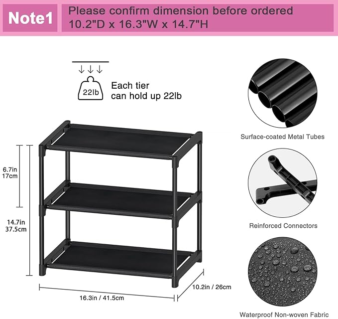 3 Tier Small Shoe Rack, Narrow Stackable Kids Toddler Adult Shoe Storage Organizer Shelf for Closet Floor Front Door Entrance Entryway, Free Standing Shoe Rack Organization Shelves