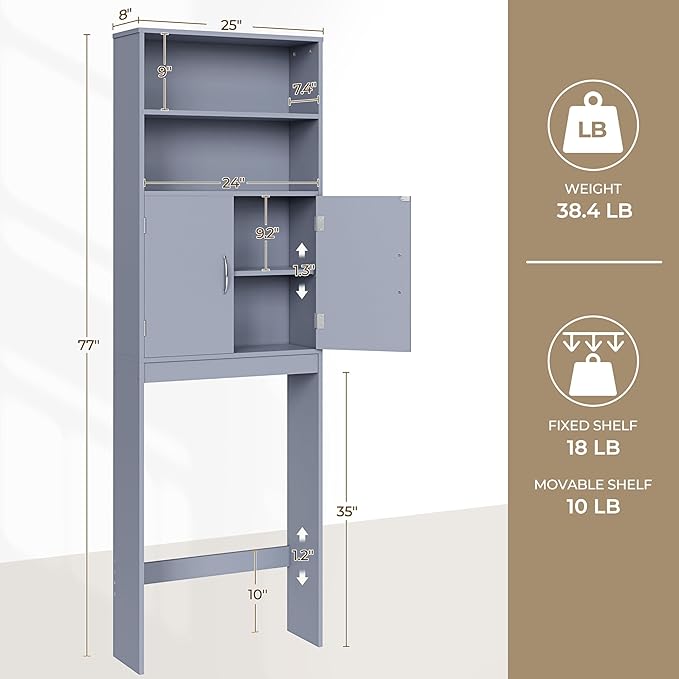 Yaheetech Over The Toilet Storage, Taller Bathroom Organizer Space-Saving Storage Cabinet with Adjustable Shelves and Double Doors, 77 in H, Grey
