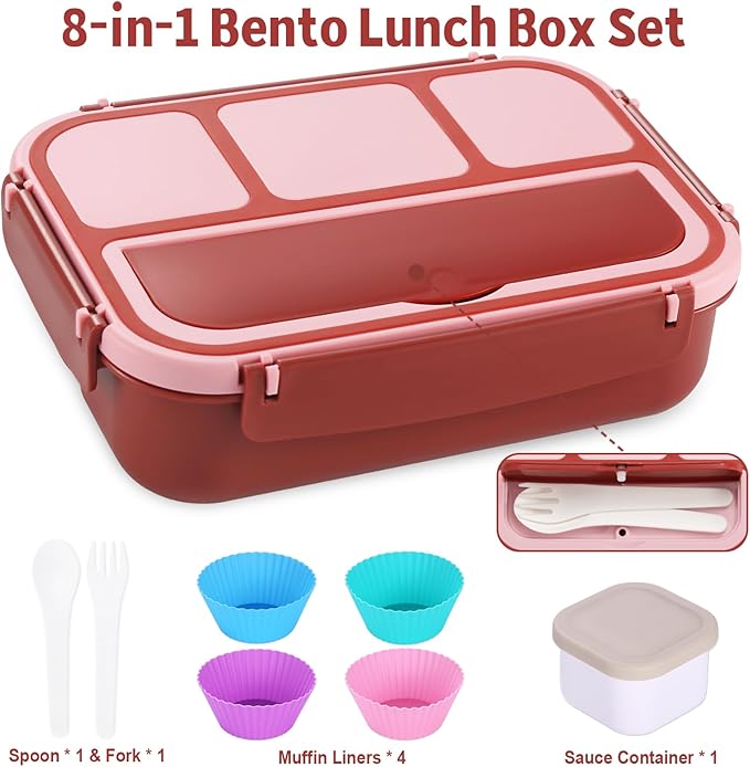 Bento Box Adult Lunch Box, Lunch Containers for Kids Girls Boys with 4 Compartments, Lunchable Food Container with Utensils, Sauce Jar, Muffin Liners, 40 Oz/5 Cup, Retro Red
