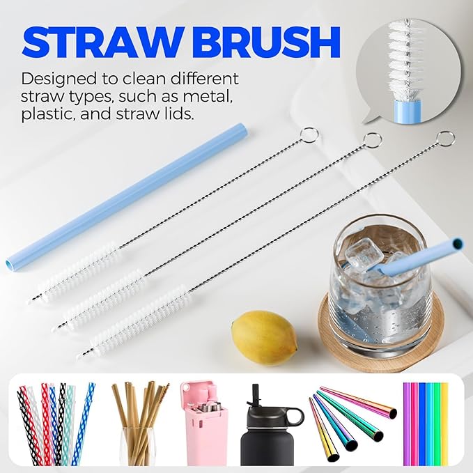 6 Pack Holikme 4 in 1 Cup Lid Cleaning Brush Set with 3 Straws, Multifunctional Bottle Brush, Silicone Cup Lid Gap Cleaner, Durable Bristle Crevice Cleaning Brush, Black