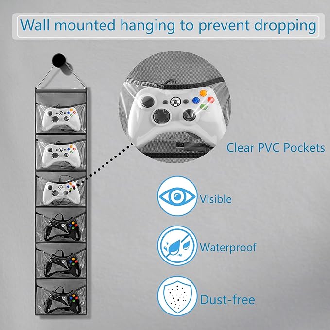 Hanging Controller Holder Classroom Headset Headphone Storage Bag Switch Game Organizer for Gaming Accessories Electronic Supplies X-box PS5 PS4 (6 Pockets)