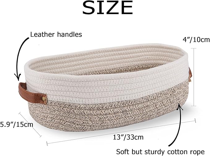 2 Pack Woven Storage Basket for Toilet Tank Top,Farmhouse Home Decor Organizing Basket for Bathroom,Table and Counter 13"x5.9"x4" Apricot Stitching White