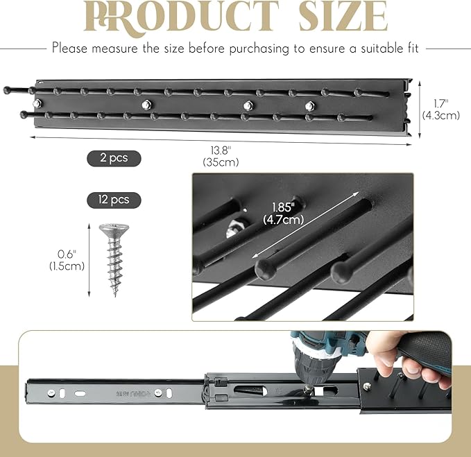 Blulu 2 Pcs 13.8'' Sliding Tie Rack Hangers for Closet, 25(Total 50) Tie Pull Out Wall Mounted Extending Sturdy Metal Belt Organizer Holder for Men Belt Storage, Black