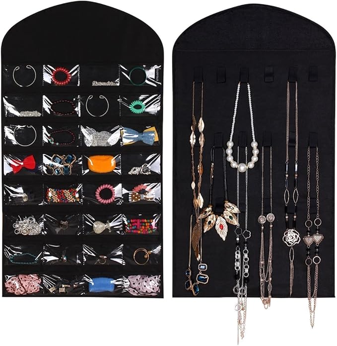 32 pockets& 18 hook-and-loop tabs Hanging Jewelry Organizer Dual Sides Space-saving Household Accessory Holder Storage Bag (Mode B Black)