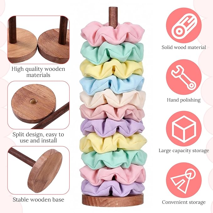 2 Pcs Scrunchie Holder Stand Hair Tie Organizer Vertical 15-20 Scrunchies Hairs Accessories Organizer Display Scrunchy Wood Hair Tie Holder Storage for Women Bathroom Bedroom Decor (Walnut wood, large)