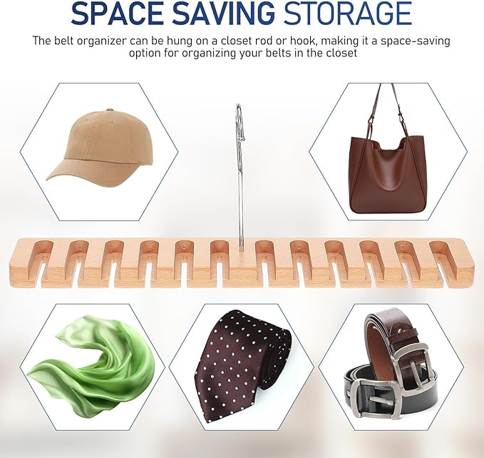 Wooden Belt Organizer Hanger with 12 Slots Belt Display Holder Closet Accessory Organizer Hanging Rack Storage
