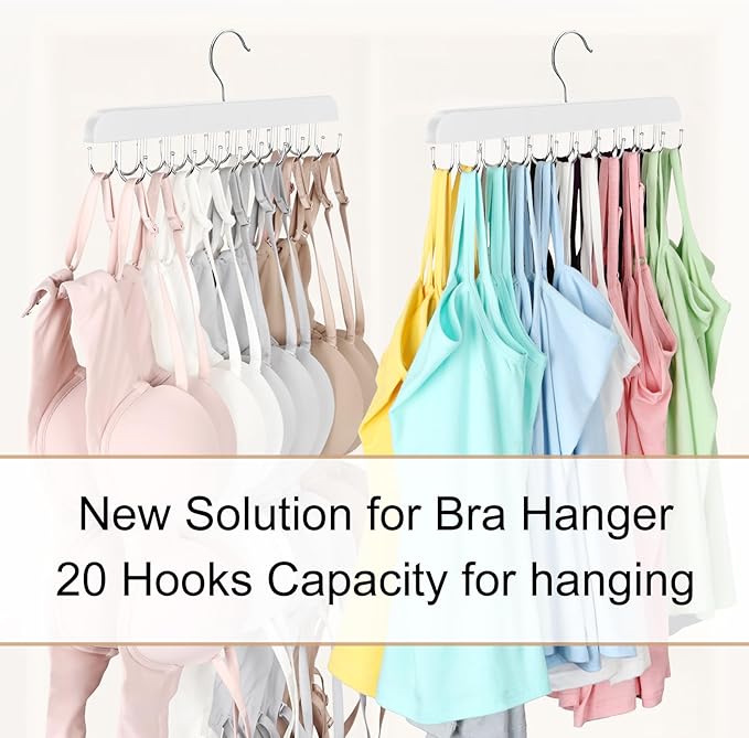 Bra Hanger for Closet, Tank Top Hanger 20 Hooks Capacity Foldable Wood Space Saving Hangers Closet Organizers and Storage for Dorm & Apartment for Tank Top, Bra, Scarf