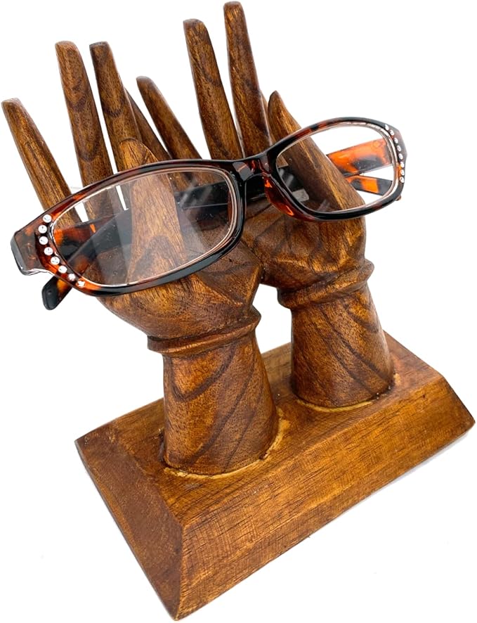 Hands Eyeglass Ring Holder - Hand Carved Wooden Card Ring Trinket Holder Figure Decor 6.5" Brown Classic Wooden Jewelry Stand