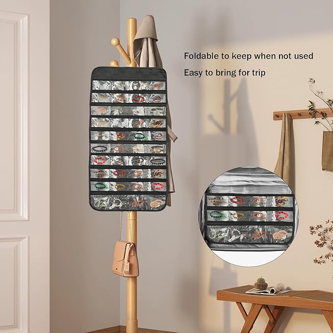 80 Pockets Double-Sided Hanging Jewelry Storage Bag, Transparent Earring, Bracelet, Ring Bag, 33x17 Inch Large Size Fits Wardrobe/Shelf Rod, Travel Portable, Non-Woven(Black)