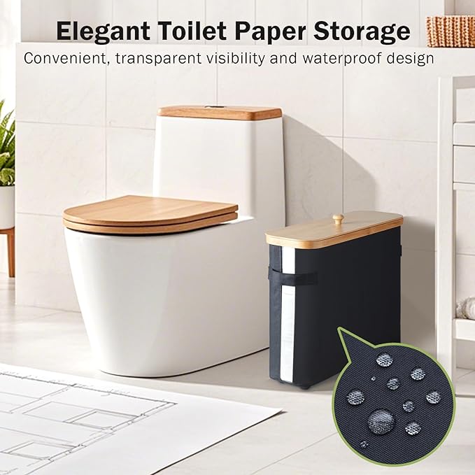 Bathroom Toilet Paper Storage Basket with Lid and Handle， Bamboo Collapsible Toilet Paper Holder Storage with Non-Slip Bottom ,Extra Toilet Roll Storage, Black
