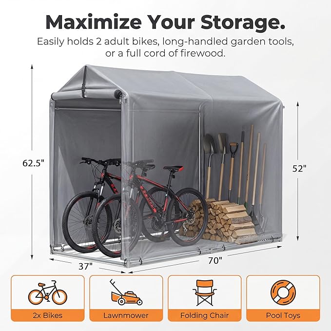 Flamaker Storage Shed 6' x 3' Metal Frame Outdoor Waterproof Carport Shelter with Rollup & Zipper Door Garage Tent for Bike, Motorcycle, Firewood
