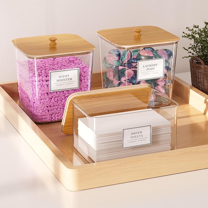 4+1 Pack Laundry Room Organization Containers,Clear Laundry Pods Container,Large Laundry Detergent Powder Storage Containers with Wooden Lids & Labels,Laundry Pods Holder for Scent Booster,Powder,Pods