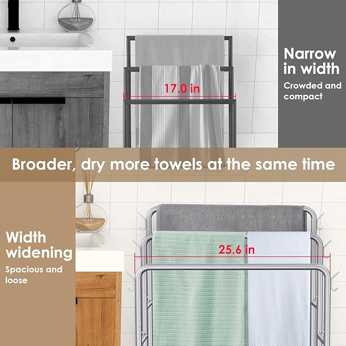Kayfia 40" Tall Standing Towel Rack for Extra Large Towel, 3 Tier Floor Towel Stand with Storage Basket & Hook, Freestanding Blanket Ladder Display and Drying Rack for Bathroom Living Room