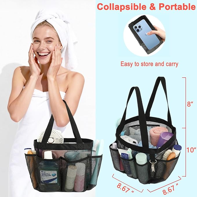 Mesh Shower Caddy Portable for College Dorm Room Essentials, 8-Pocket Large Shower Basket Tote Bag with 2 Handles for Toiletry, Bathroom, Beach, Camp, Gym