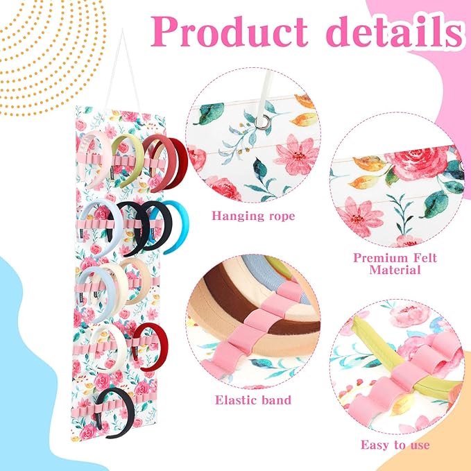 Tudomro Hanging Headband Holder for Girls Felt Hair Accessories Organizer with 60 Elastic Bands Bow Hanger for Girls Hair Bows Without Headbands(Floral,Pink, Green)