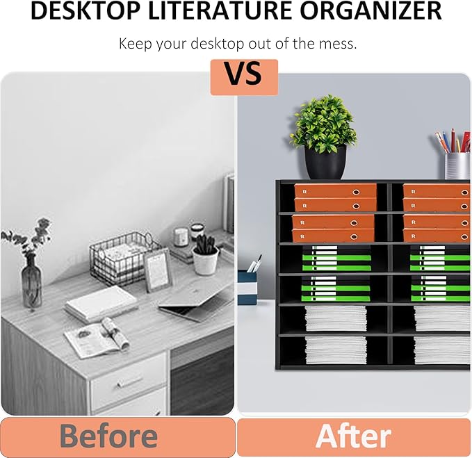 LOYALHEARTDY Desktop Literature Organizer,12 Compartments Paper Organizer,Adjustable File Sorter Mail Center Magazine Holder Paper Storage Cabinet Classroom Keeper Mailbox for Office Home School,Black