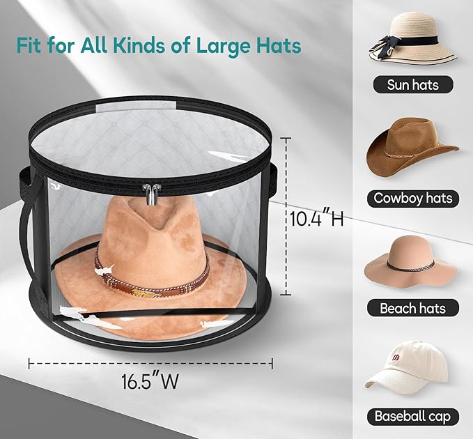 AOODA Oversized Clear Hat Storage Bag for Women, Holds up to 7 Caps Cowboy Hat Organizer for Closet, Wide Brims Hat Case with Carrying Handles (Black)