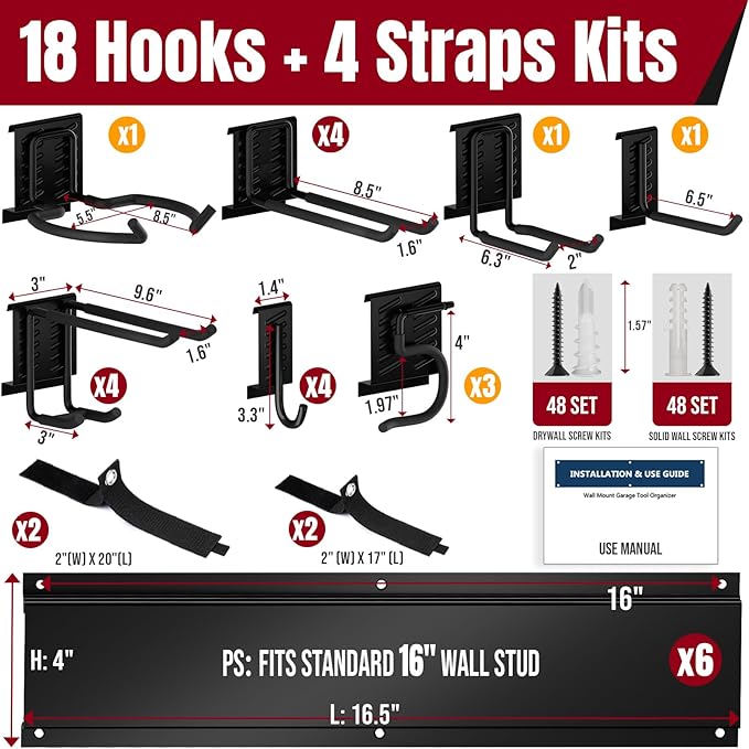 99" Garage Tool Organizer Wall Mount, 8 Multi-Size Hooks & 4 Extension Straps, Heavy Duty Wall Mount Garage Storage Rack, Tool Hanger for Shovels, Rakes, Fits 16" Wall Studs