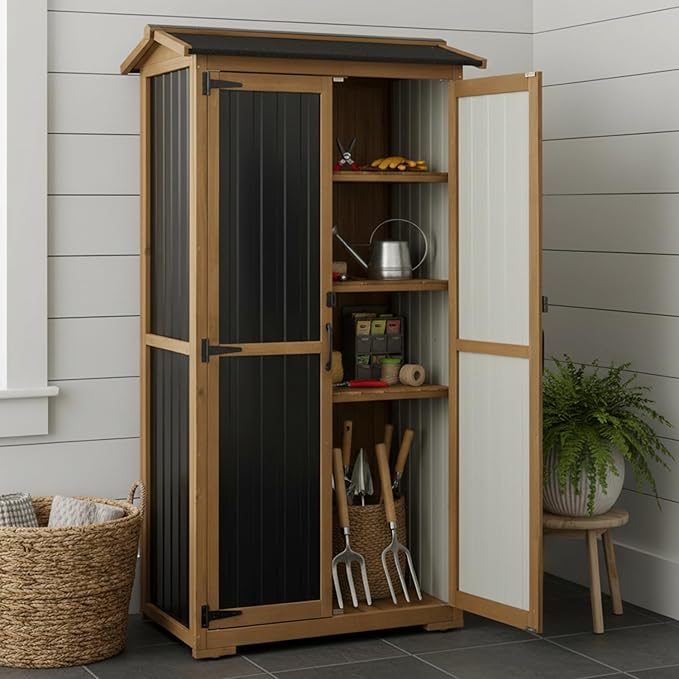 Outdoor Storage Cabinet, Wood & Metal Garden Cabinet with 3 Adjustable Shelf, Weather-Resistant Roof, Lockable Doors & Adjustable Feet for Patio, Garden, Farm (33" L x 21" W x 69" H)