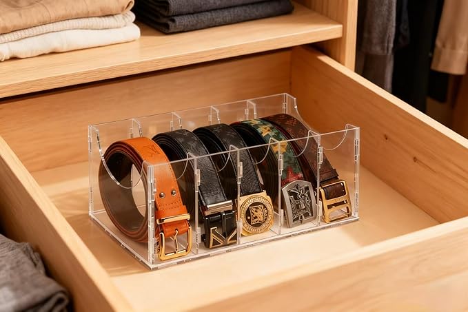 ECOSEAO DIY Belt Organizer, Clear Stackable Belt holder For Closet Drawer Storage - 7 Compartments, Multi-Purpose Display Bins With Inserts For Belts,Ties,Socks