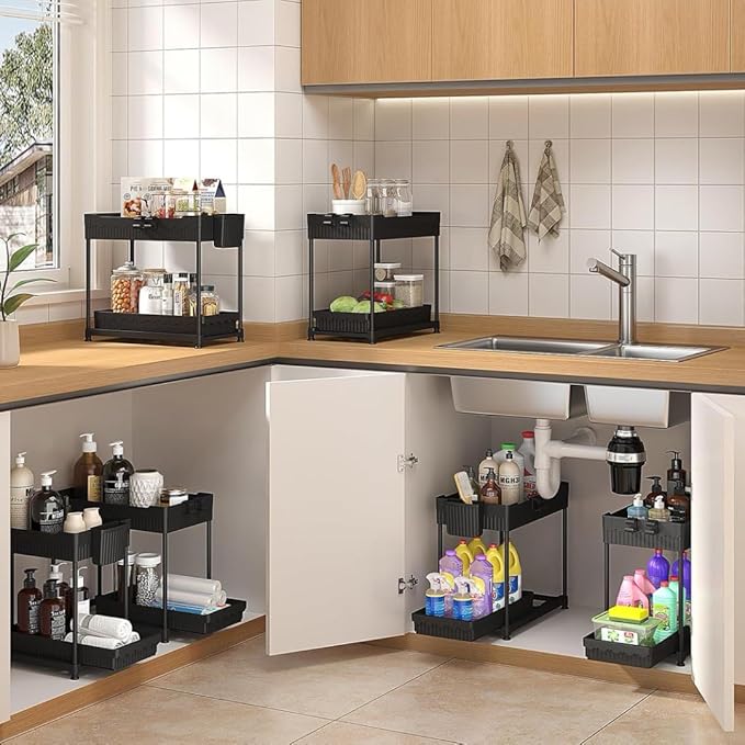 3 Pack Under Sink Organizers, 2-Tier Multi-Use Kitchen and Bathroom Organizers and Storage with Sliding Drawers，Bathroom Cabinet Organizer (Black, 12.8 Inch)