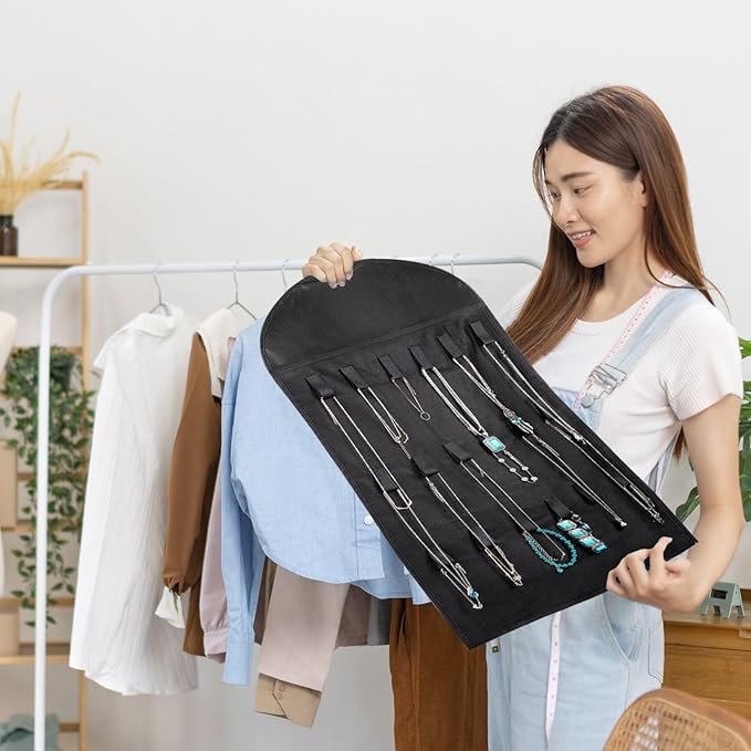 Flexzion Hanging Jewelry Organizer – (1 Pack) Black 32 Clear Pockets & 18 Hooks & Loops, Non-Woven Bag Dual Side Earring Storage Display Holder with for Necklace Bracelet Sunglasses