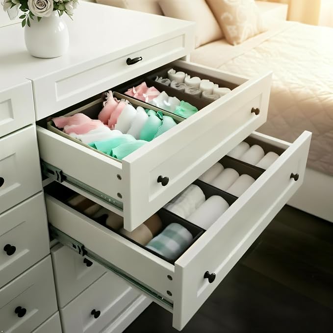 Sock Drawer Organizer 3 Pack - Collapsible Fabric Storage Bins for Underwear Divider, Small Closet Organizers with 3 Compartments, Raw White