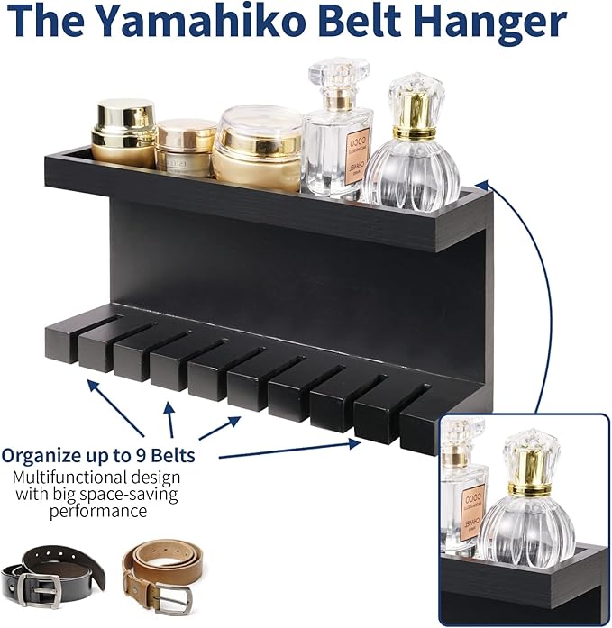 Belt Organizer - Wall Mounted Hanger with Double Shelving, Universal Rack for Men & Women, Black