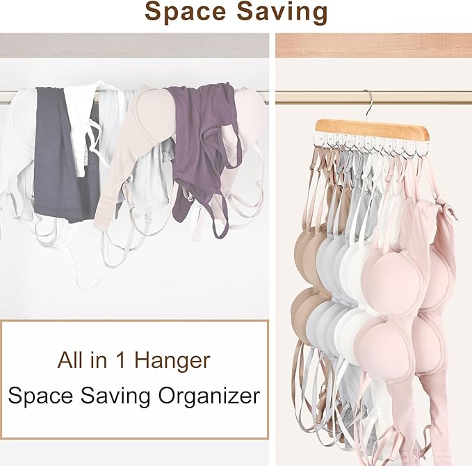 Bra Hanger for Closet, Tank Top Organizer 20 Hooks Capacity Foldable Wood Space Saving Hanger Closet Organizers and Storage for Dorm & Apartment for Tank Top, Hats etc.-2 Pack